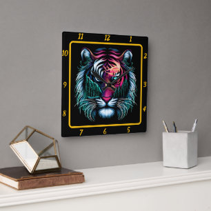 Neon Predator Tiger Artwork Square Wall Clock