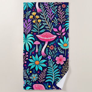 Neon Psychedelic Mushroom Forest Dream Beach Towel