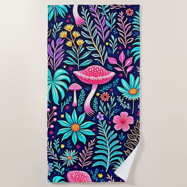 Neon Psychedelic Mushroom Forest Dream Beach Towel (Front)