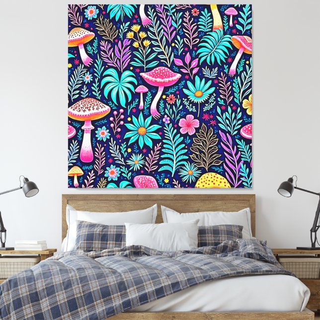 Neon Psychedelic Mushroom Forest Dream Canvas Print (Insitu(Bedroom))