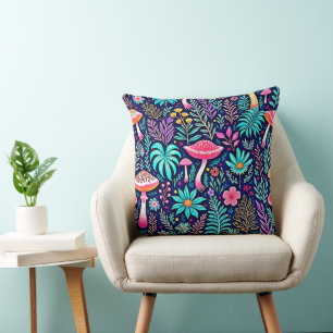Neon Psychedelic Mushroom Forest Dream Cushion