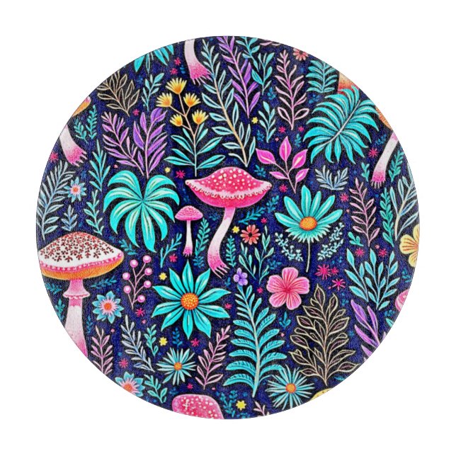 Neon Psychedelic Mushroom Forest Dream Cutting Board (Front)