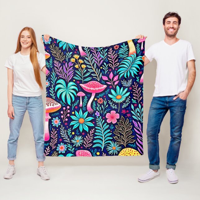 Neon Psychedelic Mushroom Forest Dream Fleece Blanket (In Situ)