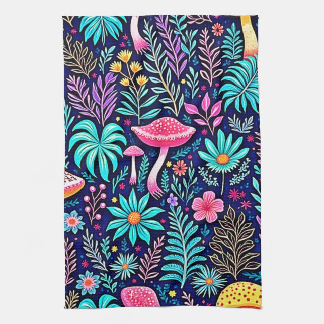 Neon Psychedelic Mushroom Forest Dream Tea Towel (Vertical)