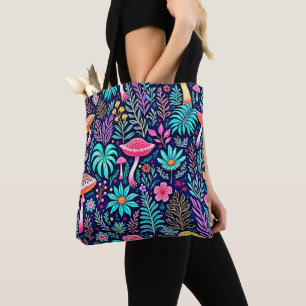 Neon Psychedelic Mushroom Forest Dream Tote Bag