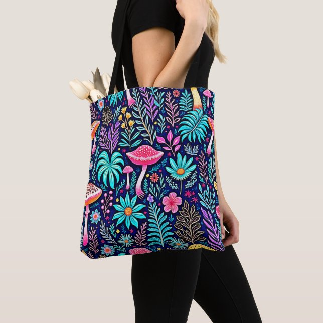 Neon Psychedelic Mushroom Forest Dream Tote Bag (Close Up)