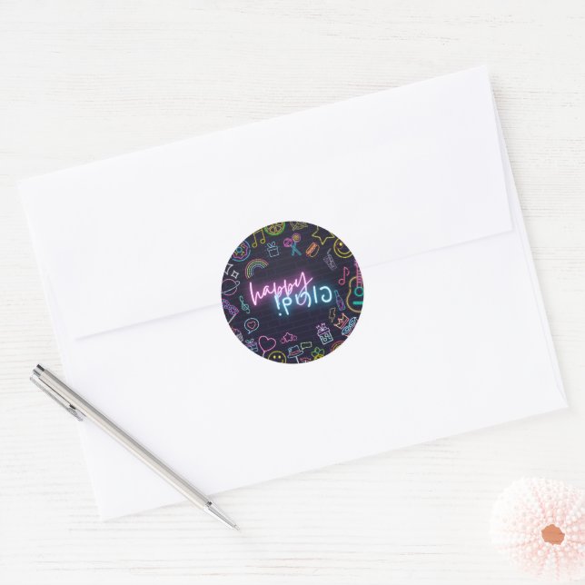 Neon Purim Classic Round Sticker (Envelope)