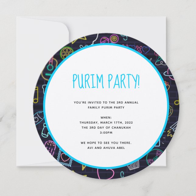 Neon Purim Invitation (Front)