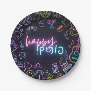 Neon Purim Paper Plate