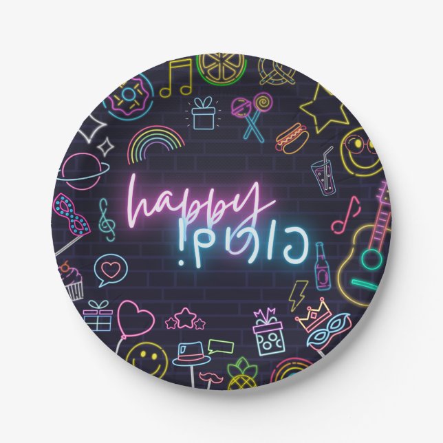 Neon Purim Paper Plate (Front)