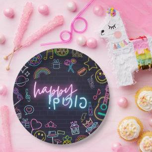 Neon Purim Paper Plate