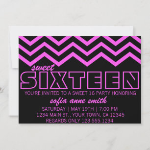 Neon Purple and Black Chevron Sweet 16 Invitation