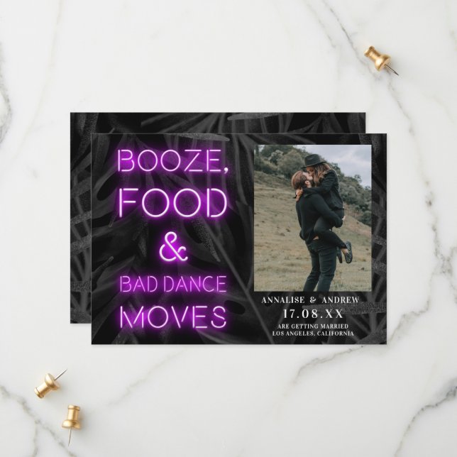 Neon purple casual palm leaf save the date photo (Front/Back In Situ)