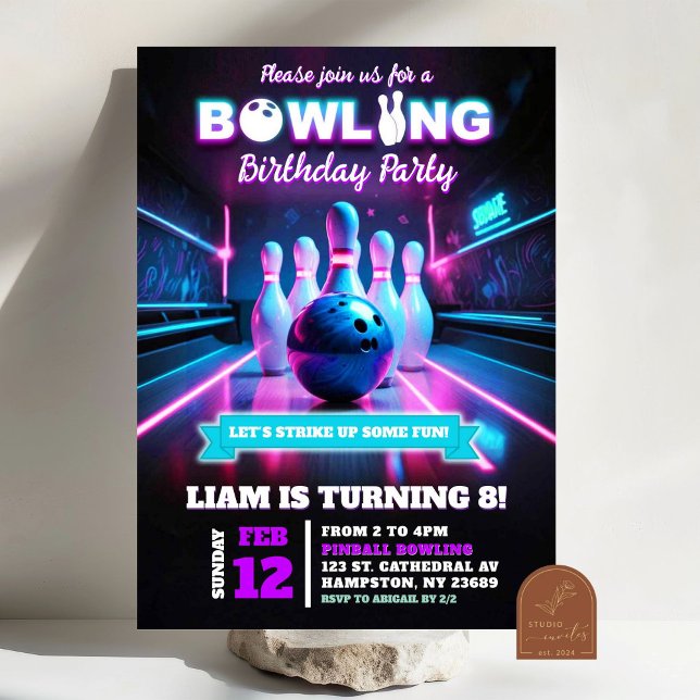 Neon Purple Cosmic Bowling Game On Birthday Invitation (Creator Uploaded)
