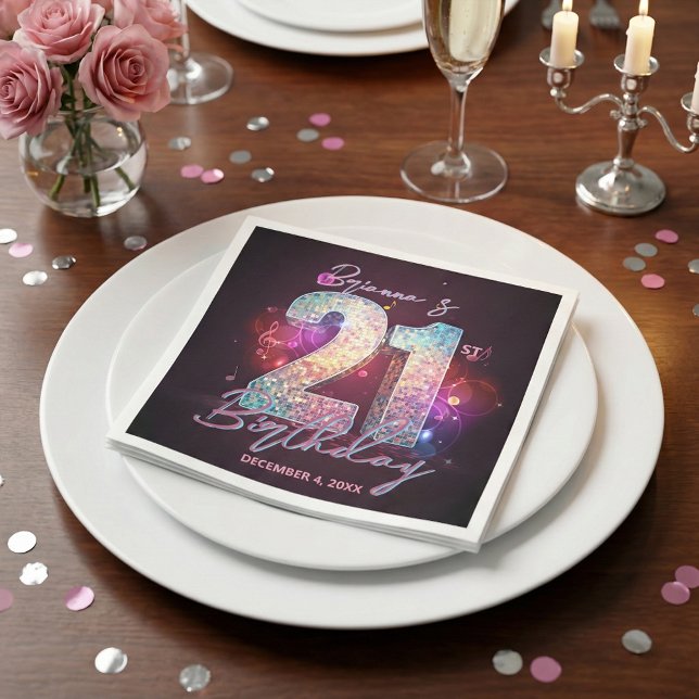 Neon Purple Disco Ball Music Notes 21st Birthday Napkin (Creator Uploaded)
