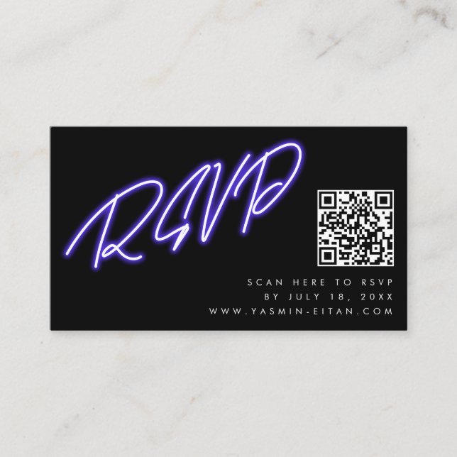 Neon Purple Glow Black Modern Wedding RSVP Enclosure Card (Front)