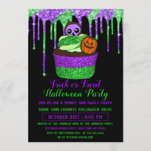 Neon Purple Green Glitter Cupcake Halloween Invitation