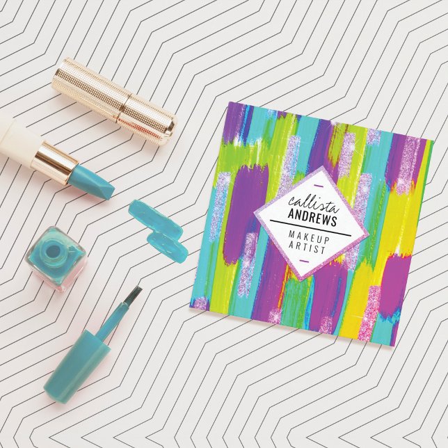 Neon Purple Green Yellow Aqua Glitter Paint Makeup Square Business Card (Creator Uploaded)