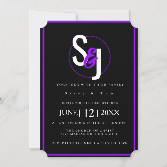 Neon Purple Modern Glam Glow Wedding Suite Invitation (Front)
