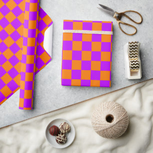 Neon Purple Orange Chequered Chequerboard Vintage Wrapping Paper