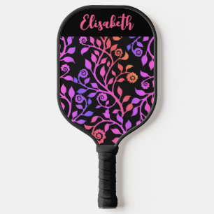 Neon Purple Pink Black Floral Swirls Add Your Name Pickleball Paddle