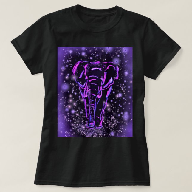 Neon Purple Pink Elephant T-Shirt In Starry Night (Design Front)