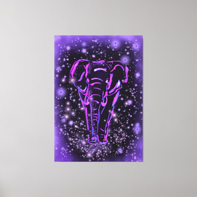 Neon Purple Pink Elephant Walking At Starry Night  Canvas Print (Front)
