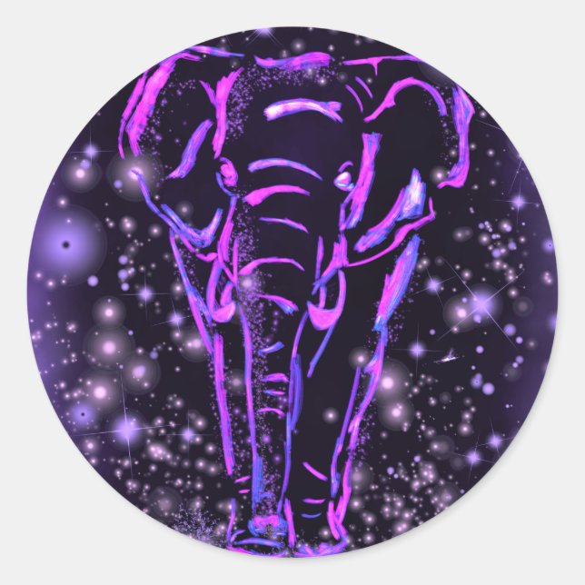 Neon Purple Pink Elephant Walking At Starry Night  Classic Round Sticker (Front)