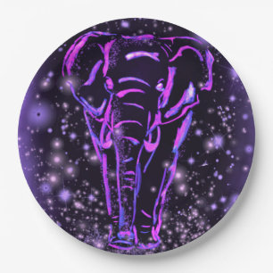 Neon Purple Pink Elephant Walking At Starry Night  Paper Plate