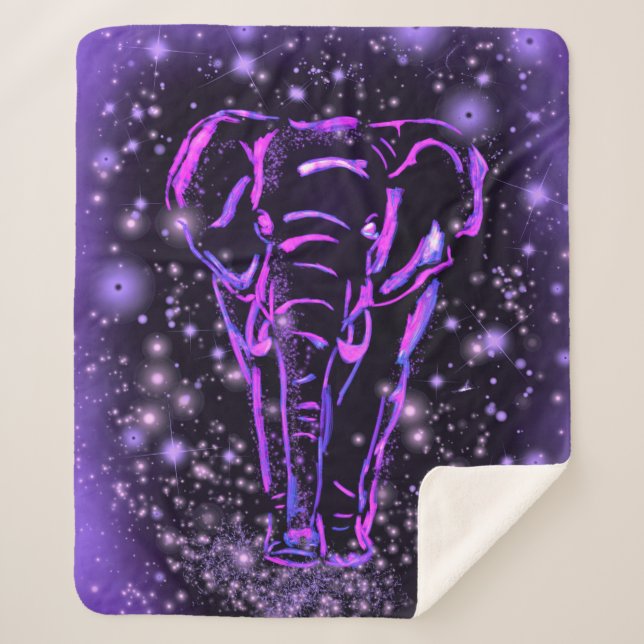 Neon Purple Pink Elephant Walking At Starry Night Sherpa Blanket (Front)