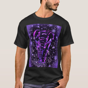 Neon Purple Pink Elephant Walking At Starry Night  T-Shirt