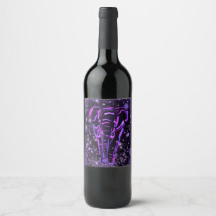 Neon Purple Pink Elephant Walking At Starry Night  Wine Label