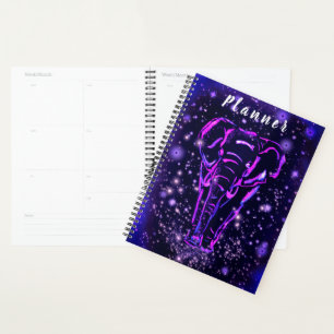 Neon Purple Pink Elephant Walking In Starry Night Planner