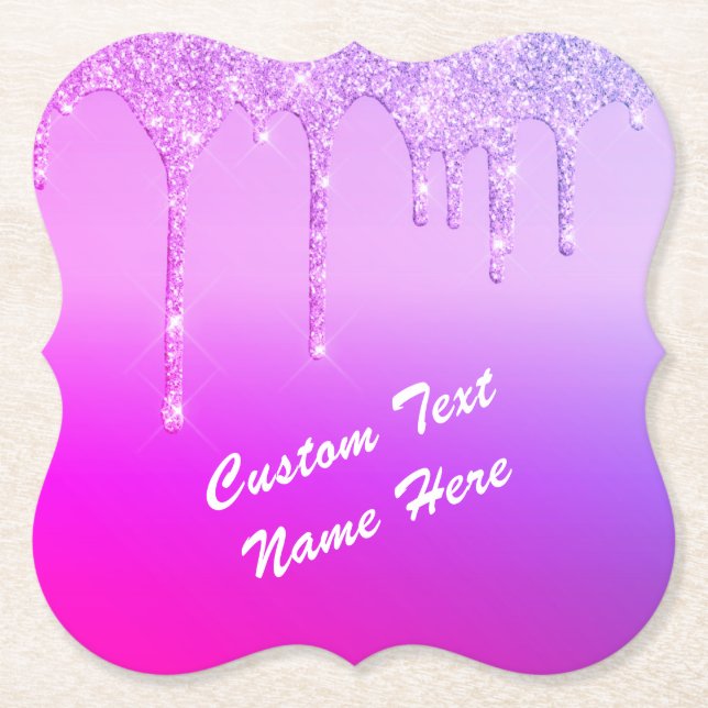 Neon Purple Pink Glitter Custom Text Coasters (Front)