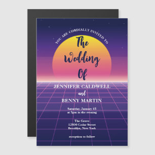 Neon Purple Retro 80s Synthwave Sunset Wedding Magnetic Invitation