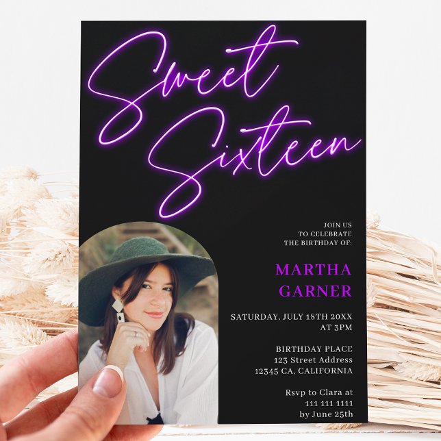 Neon purple sign script fun photo arch Sweet 16 Invitation (Creator Uploaded)