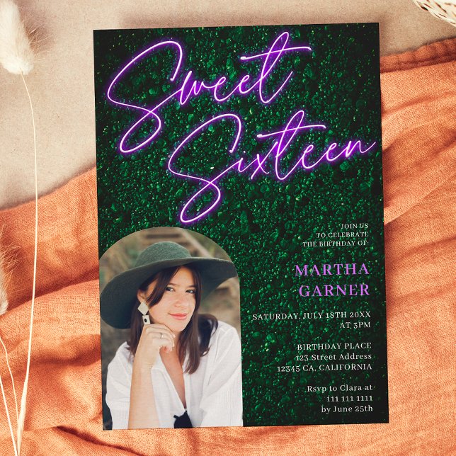 Neon purple sign script green photo arch Sweet 16 Invitation (Creator Uploaded)