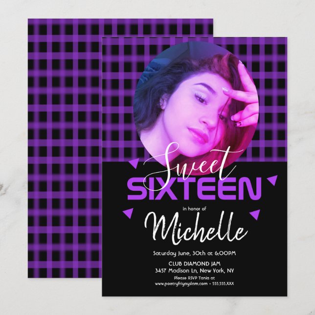 Neon Purple Sweet Sixteen Photo Grid Invitation (Front/Back)