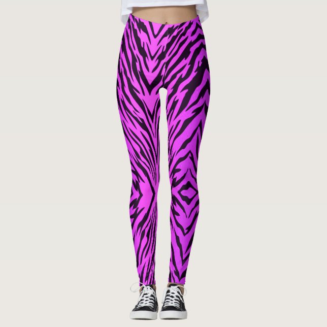 Neon Purple Tiger Stripes Animal Print Leggings (Front)