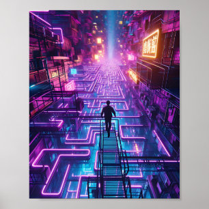 Neon Purple Urban Maze - Dystopian City Labyrinth Poster