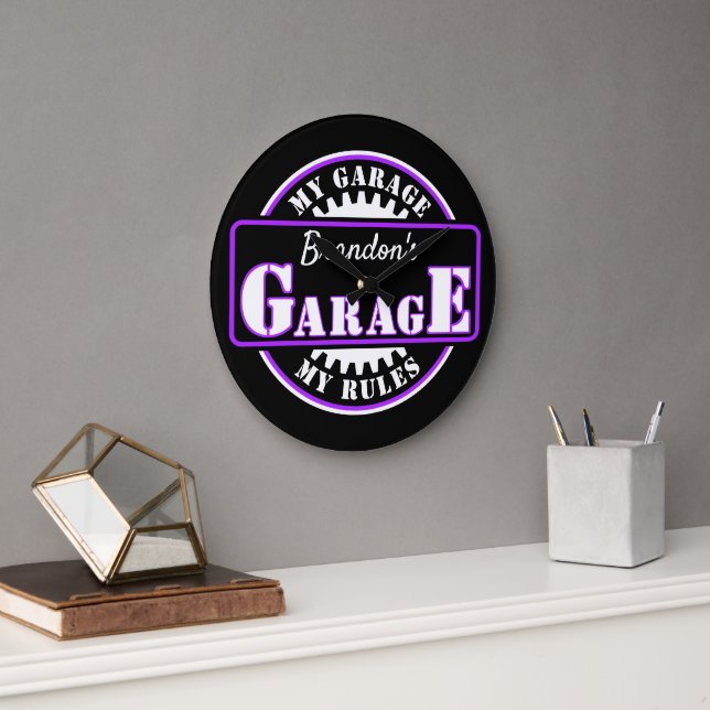 Neon Purple White Garage Text on Black Clock (Office)