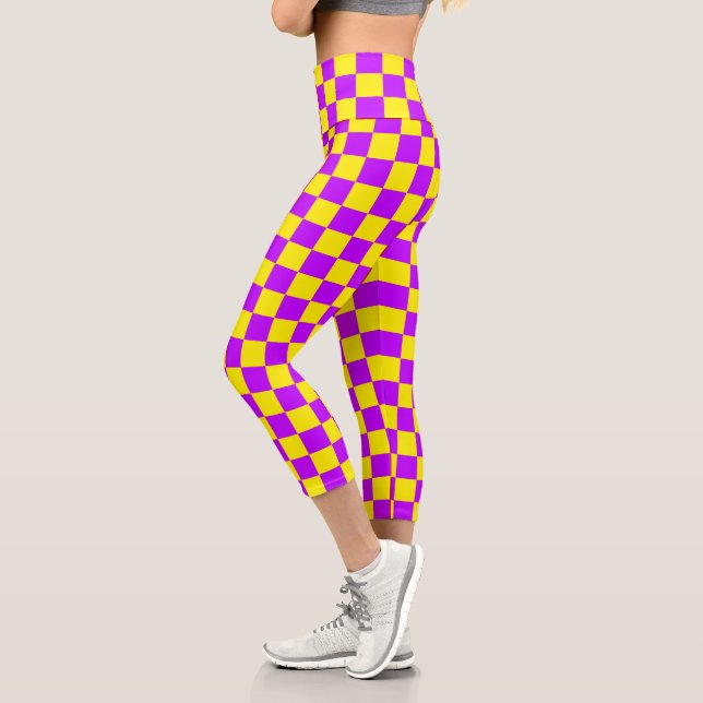 Neon Purple Yellow Chequered Chequerboard Vintage Capri Leggings (Left)
