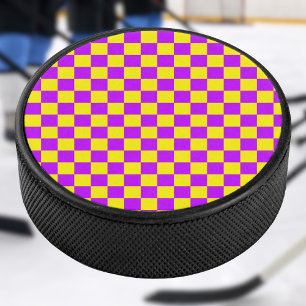 Neon Purple Yellow Chequered Chequerboard Vintage Hockey Puck