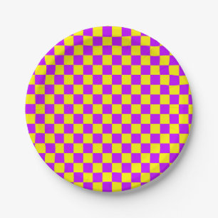Neon Purple Yellow Chequered Chequerboard Vintage Paper Plate