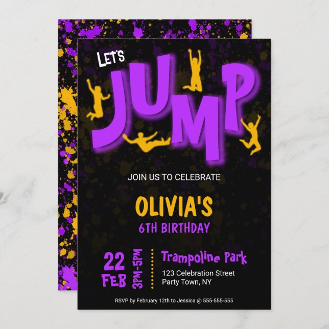 Neon Purple Yellow Paint Trampoline Party Birthday Invitation (Front/Back)