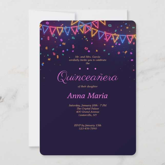 Neon Quinceañera Invitation (Front)