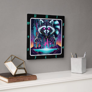 Neon Racoon Skyline Pulse Square Wall Clock