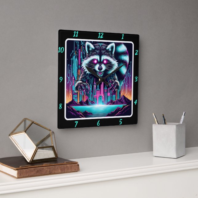 Neon Racoon Skyline Pulse Square Wall Clock (Office)