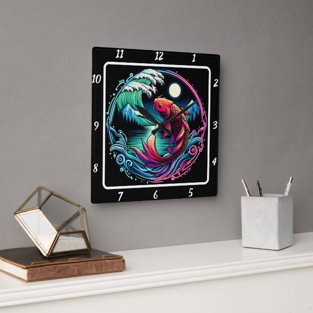 Neon Radiant Koi Gold Fish Dream Square Wall Clock (Office)