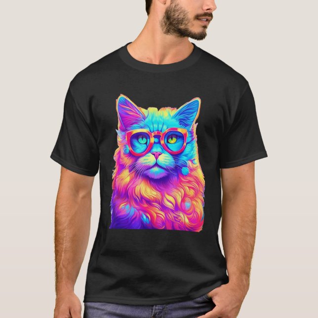 Neon Rainbow Cat Wearing Glasses Abstract Bright P T-Shirt (Front)